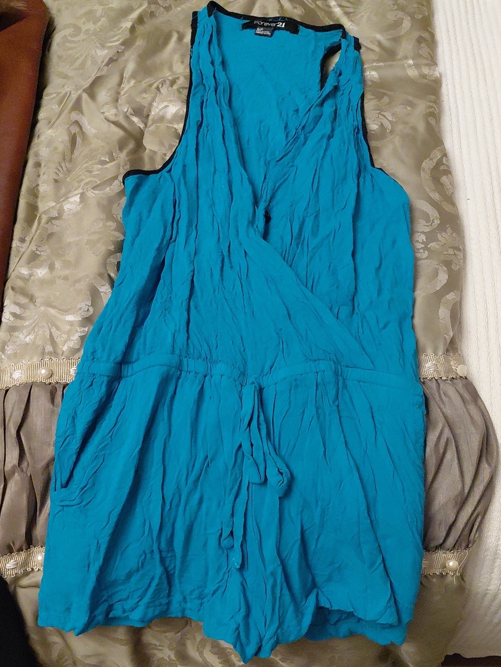 Forever 21 Teal Tie Waist Romper Shorts w/navy Blue Lining Size Small